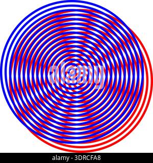 Moire-Muster. Vektorgrafik optische Illusion. Die beiden farbigen Sets konzentrischer Kreise sind leicht verschoben, um Interferenzmuster zu bilden Stock Vektor
