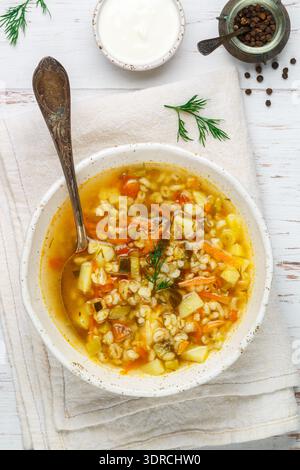 Dicke, deftige Gurkensuppe mit Gemüse (Gurken, Karotten, Zwiebeln, Kartoffeln, Tomaten) und Perlgerste in einem weißen p Stockfoto