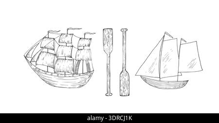 Vektorsatz von Windsegelbooten und Holzpaddeln. Handgemalte lineare Abbildung eines Fischereischiffes. Grafische Schwarzweißskizze isoliert auf Hintergrund. Für Stock Vektor
