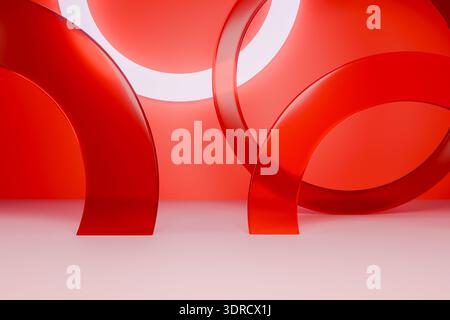 Rotes 3D-Podium mit abstrakten Glasringen Stockfoto