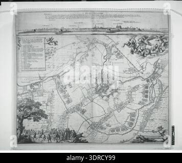 Diese Gravur von Wenzel Hollar aus dem Jahr 1649, nach Jacob van Werden, stellt einen Plan der Stadt Armentières vor. Der Blick zeigt die Stadt von oben und beinhaltet eine Szene mit Männern auf dem Pferd, vermutlich einem Erzherzog Leopold, unter einem großen Baum in der linken unteren Ecke, mit Blick auf die Stadtgestaltung. Das Werk zeigt die Darstellung der europäischen Stadtplanung aus dem 17. Jahrhundert, die Ätzung auf vier zusammenhängenden Blättern und die Aufmerksamkeit auf topografische Details. Stockfoto