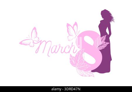 Internationaler Frauentag-Feiertagsbanner. Postkarte für den 8. März. Abbildung des Materialvektors. Handgezeichnet. Nicht AI. Stock Vektor