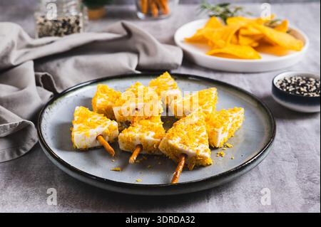Gefälschte Weihnachtsbäume aus Dreieckskäse in Nacho zerbröckeln auf einem Teller auf einem Tisch Stockfoto