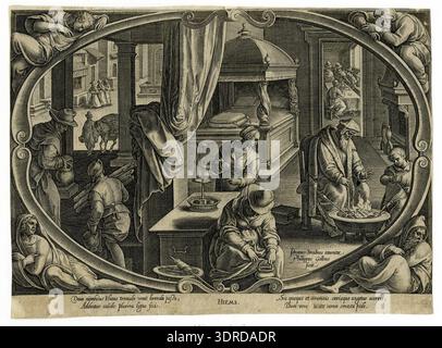 Diese um 1580 von Philips Galle veröffentlichte Gravur „Hiems“ nach Jan van der Straet zeigt den Winter in einem ovalen Rahmen. Ein älterer Mann wärmt die Hände durch ein Feuer, ein Junge benutzt ein Gerät, um Flammen zu fördern. Eine Frau wickelt Wolle um Zweige, um Fackeln zu machen, während Männer um einen Tisch in einem angrenzenden Raum sitzen. Der Hauseingang erscheint links. Personifizierungen des Winters als alter Mann besetzen die rechteckigen Rahmenecken. Das Werk veranschaulicht flämische Stiche aus dem 16. Jahrhundert, Innenkomposition, Alltag, saisonale Allegorie und Drucktechnik. Stockfoto