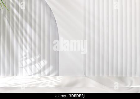 Hochwertiges leeres Podium mit Schatten tropischer Palmblätter auf grauer Wand, minimaler abstrakter Hintergrund für Kosmetikprodukte Stockfoto