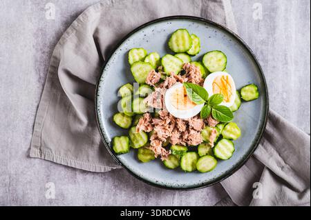 Nahaufnahme von appetitanregendem Salat aus Gurke, Thunfisch und Ei auf einem Teller auf dem Tisch Stockfoto