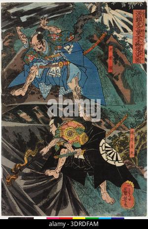 Um 1838 japanischer Holzschnitt-Triptychon-Druck von Utagawa Kuniyoshi im oban Tate-e-Format, der Minamoto Yorimitsu Shitenno, Raikos Retainer, darstellt, der sich darauf vorbereitet, eine riesige Erdspinne in ihrem Netz zu töten. Highlights Ukiyo-e aus der Edo-Zeit, Triptychon-Komposition, heldenhafte Figur, mythologisches Motiv, Kostüm, Rüstung, Waffen, Action, dynamische Pose, landschaftlicher Hintergrund, narratives Erzählen und komplizierte Holzschnitt-Drucktechnik. Stockfoto