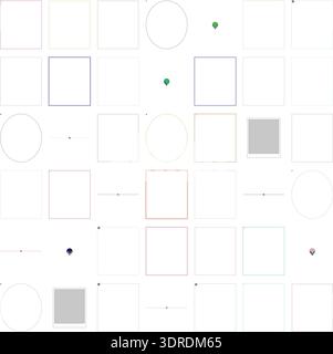 Raster aus farbenfrohen geometrischen Formen, Linien, abstrakten Symbolen und Rahmen auf einem sauberen weißen Hintergrund, geeignet für kreative Projekte. Stock Vektor