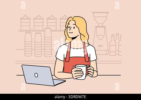 Lächelnde Kellnerin trinkt Kaffee an der Theke Stockfoto