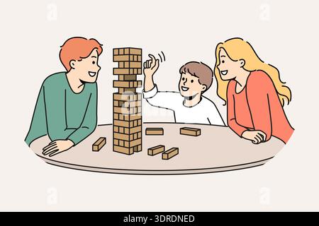 Glückliche Familie spielt Jenga mit Kind, das Brettspiel genießt und die Feinmotorik des Babys entwickelt Stockfoto