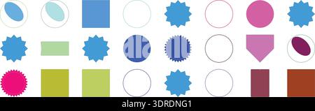 Vielfältige Sammlung farbenfroher geometrischer Formen, einschließlich Abzeichen, Etiketten, Aufkleber, Kreise, und Quadrate, isoliert auf weißem Hintergrund. Stock Vektor