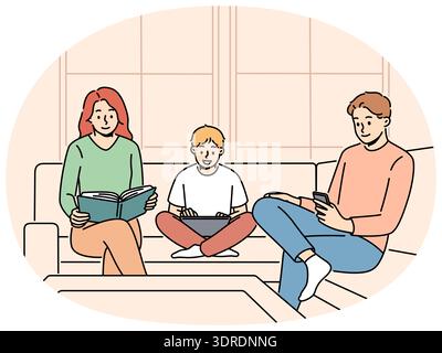 Die Familie sitzt auf der Couch und ignoriert sich gegenseitig wegen des Konzepts von Kommunikationsproblemen Stockfoto