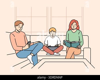 Die Familie sitzt auf der Couch und ignoriert sich gegenseitig wegen des Konzepts von Kommunikationsproblemen Stockfoto