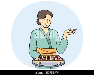 Frau Sushi-Meister mit Maki-Vorspeise auf Holztablett, in traditionellem asiatischem Kimono gekleidet Stockfoto