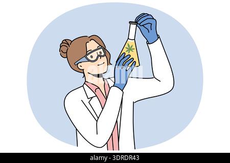 Frau Laborassistentin mit Cannabisöl im Reagenzglas und erforscht heilende Eigenschaften Marihuana Stockfoto