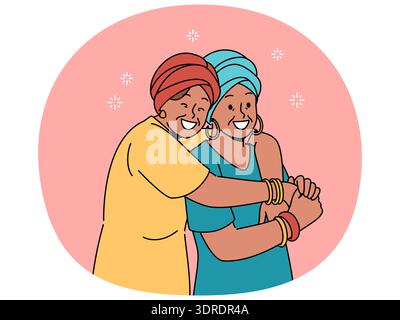 Glückliche Erwachsene Mutter und Tochter in afrikanischer Nationalkleidung umarmen sich zusammen und freuen sich über das Treffen Stockfoto