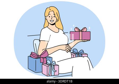 Schwangere Frau mit Geschenkbox streichelt den Bauch und schaut auf den Bildschirm in Erwartung der Geburt des Babys Stockfoto