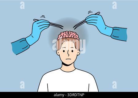 Neurochirurgische Operation am Hirn-Mann, der in die Kamera blickt, mit einer Pinzette in der Nähe der Hände des Arztes steht Stockfoto