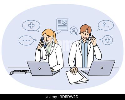Ärzte arbeiten in der Kliniktelefonhelpline und beantworten telefonisch Fragen von Patienten Stockfoto