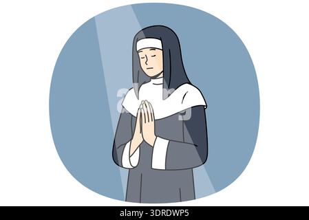 Die Nonne betet zu Gott mit gefalteten Palmen vor der Brust, die im Domgebäude unter Lichtstrahl stehen Stockfoto