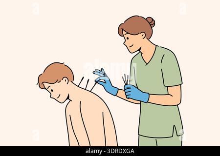 Akupunkturverfahren aus der östlichen Alternativmedizin für Mann, der in der Nähe von Ärztin sitzt Stockfoto