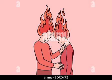 Emotionaler Burnout eines Familienpaares mit Feuer über Kopf, für den Begriff Beziehungsprobleme Stockfoto
