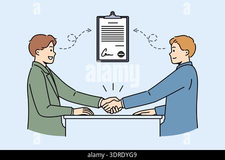 Geschäftsvereinbarung mit zwei Partnern, die nach Unterzeichnung eines wichtigen Vertrags über strategische Zusammenarbeit die Hand schütteln. Strategische Zusammenarbeit zwischen Unternehmen Stockfoto