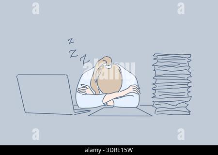 Überarbeit, Schlaf, Büro, Müdigkeit, Stress, Geschäftskonzept Stockfoto