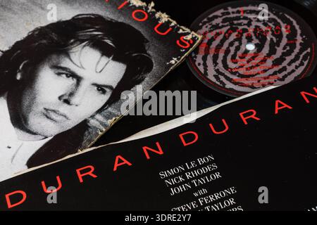 'Duran Duran' - 'berüchtigtes' Vinyl- und Album-Cover, Top Angle Shot Stockfoto