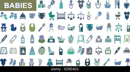 Set mit Symbolen für Babypflege und Kleinkinder mit Symbolen für Spielzeug, Kleidung und Kinderzimmer Stock Vektor