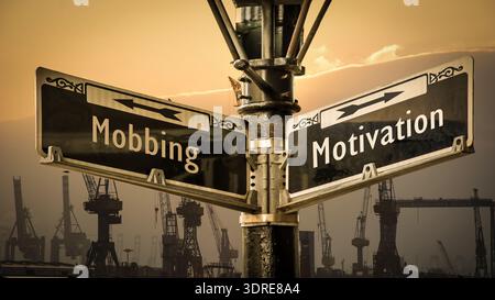 Ein Bild mit einem Wegweiser, der in zwei verschiedene Richtungen auf Deutsch zeigt. Eine Richtung verweist auf Motivation, die andere auf Stockfoto