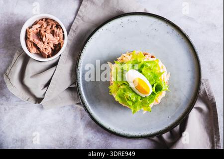 Nahaufnahme von appetitanregendem Salat aus Dosenthunfisch, Kartoffeln, Käse, Salat und Eiern auf einem Teller mit Blick von oben Stockfoto