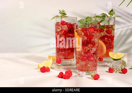 Entgiftungswasser mit Fruchtgeschmack auf hellem Hintergrund. Erfrischender hausgemachter Limonade-Cocktail im Sommer, Mojito mit Himbeeren, Curr Stockfoto