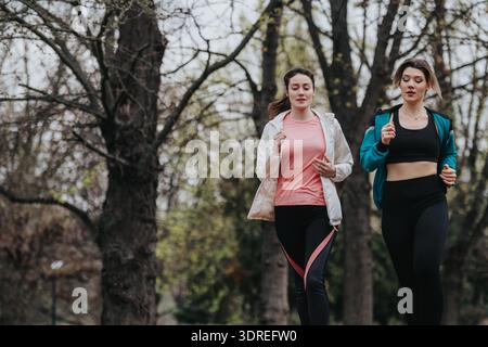 Zwei Frauen joggen heute in einem Park in Sportausrüstung während eines Outdoor-Laufs für Fitness Stockfoto