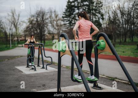 Frau auf Outdoor-Fitnessgeräten im Park, trainiert in rosa Oberteil und schwarzen Leggings Stockfoto