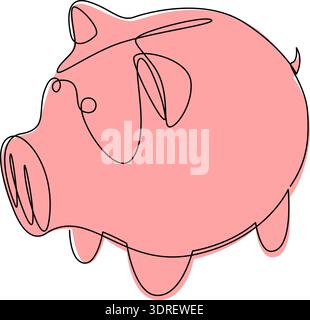 Einzeilige Zeichnung der rosa Schweinebank. Minimaler Kunststil Keramikschwein, einfache Vektor-Illustration. Stock Vektor