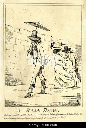 Diese Gravur aus dem Jahr 1790 zeigt einen schlanken jungen Mann, der in schrägen Regenfällen läuft und einen kleinen flachen Regenschirm auf einem langen Stock hält. Er trägt einen hohen Hut, einen abgeschnittenen Mantel, ein sperriges Nackentuch, enge Hosen an der Wade gebunden, tiefe faltige Stiefel, gestreifte Strümpfe und einen Anhänger mit zwei Dichtungen. Er trägt einen kleinen Stock und geht zackhaft. Hinter ihm prallt ein Mann, der sich nach vorne beugt, fast mit einer Frau zusammen, die eine Wanne auf dem Kopf trägt. Eine hohe Steinmauer bildet den Hintergrund. Die Technik umfasst Linienarbeiten, Schattierungen und Ätzkonventionen des Englands des späten 18. Jahrhunderts. Stockfoto