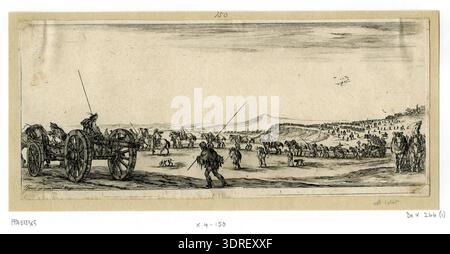 Diese um 1641 entstandene Ätzung von Stefano della Bella zeigt eine militärische Prozession mit Kanonen, eine lange Reihe von Soldaten und Pferden, die Artillerie von rechts nach links ziehen, wobei ein Pikeman auf einer Kanone nach links sitzt. Der Druck zeigt die europäische Militäranisation des frühen 17. Jahrhunderts, Artillerie, Kavallerie, Soldatenuniform, Formation, kompositorische Arrangements, Perspektiven und Ätztechniken, die Aktion, Bewegung und taktische Darstellung betonen. Stockfoto