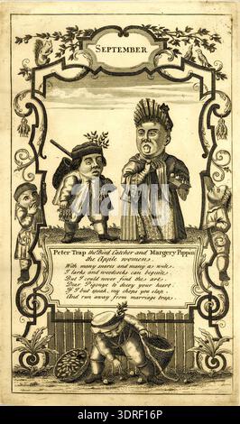 Diese Ätzung mit dem Titel „September“ aus dem Jahr 1740 zeigt Peter Trap, den Vogelfänger, und Margery Pippin, die Apfelfrau, beide volle callot-Figuren, die frontal stehen. Die Frau hält einen Korb mit Äpfeln in der linken Hand, ihr Gesicht ist nach links gerichtet; der Junge trägt einen Korb auf dem Rücken und einen Stock, der tote Vögel hält. Unten sammelt eine Figur gefallene Äpfel in einem Zierrahmen. Die Ätzung zeigt britische Druckerei aus der Mitte des 18. Jahrhunderts, Genrefiguren, kompositorische Arrangements und visuelle Erzählungen. Stockfoto