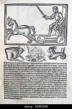 Albumasars de magnis coniunctionibus et annorum revolutionibus, übersetzt aus dem Arabischen von Joannes Hispalensis und veröffentlicht 1515 von Melchior Sessa in Venedig, ist eine astronomische Abhandlung, die planetarische Konjunktionen, jährliche Revolutionen und Himmelsbewegungen beschreibt. Das Werk umfasst Holzschnittdiagramme und Buchdrucktexte, die beispielhaft für die Übertragung des mittelalterlichen arabischen astronomischen Wissens in Europa der Renaissance und die Integration von Illustration mit wissenschaftlicher Schrift darstellen. Stockfoto