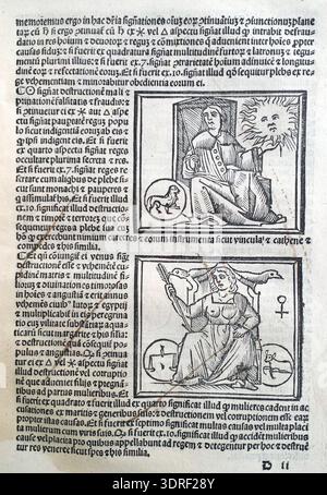 De magnis coniunctionibus et annorum revolutionibus ist eine astronomische Abhandlung von Albumasar aus dem Jahr 1515, die von Joannes Hispalensis aus dem Arabischen übersetzt und in Venedig von Melchior Sessa veröffentlicht wurde. Es enthält Holzschnitt-Illustrationen und Buchdruck-Texte, die planetare Konjunktionen, jährliche Umdrehungen und Himmelsbewegungen beschreiben. Die Arbeit reflektiert mittelalterliche Astronomie, Beobachtungsmethoden, astrologische Praktiken und wissenschaftliche Buchdrucke im Europa des frühen 16. Jahrhunderts. Stockfoto