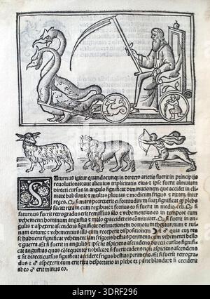 De magnis coniunctionibus et annorum revolutionibus, verfasst von Albumasar und übersetzt aus dem Arabischen von Joannes Hispalensis, ist eine venezianische Publikation von Melchior Sessa aus dem Jahr 1515. Diese astronomische Abhandlung enthält acht Abschnitte, in denen planetare Konjunktionen, jährliche Umdrehungen, Himmelsbewegungen und Vorhersagen analysiert werden. Holzschnitt-Illustrationen und Buchdruck unterstützen den wissenschaftlichen Diskurs und spiegeln mittelalterliche islamische Astronomie, europäische Übertragung des 16. Jahrhunderts und wissenschaftliche Praktiken der Renaissance wider. Stockfoto
