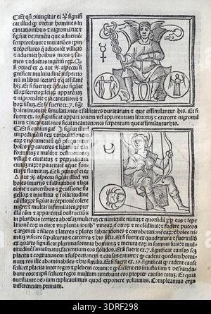 De magnis coniunctionibus et annorum revolutionibus ist eine Abhandlung des mittelalterlichen Astronomen Albumasar aus dem Jahr 1515, die von Joannes Hispalensis aus dem Arabischen übersetzt und in Venedig von Melchior Sessa veröffentlicht wurde. Es enthält Holzschnitt-Illustrationen und Buchdruck-Texte, die planetare Konjunktionen, jährliche Umdrehungen und Himmelsbewegungen beschreiben. Die Abhandlung spiegelt das astronomische Wissen des frühen 16. Jahrhunderts, Beobachtungstechniken, astrologische Interpretation und wissenschaftliche Druckkultur wider. Stockfoto