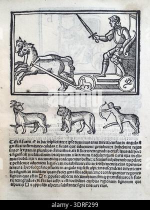 De magnis coniunctionibus et annorum revolutionibus ist eine astronomische Abhandlung des mittelalterlichen Astronomen Albumasar. Übersetzt aus dem Arabischen von Joannes Hispalensis, erschien es 1515 in Venedig bei Melchior Sessa. Das Werk enthält Holzschnitt-Illustrationen und Buchdruck-Texte, die planetare Konjunktionen, jährliche Umdrehungen und Himmelsbewegungen beschreiben. Sie reflektiert mittelalterliches astronomisches Wissen, Beobachtungsmethoden, astrologische Interpretationen und wissenschaftliche Praktiken in der europäischen Druckkultur des frühen 16. Jahrhunderts. Stockfoto
