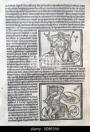 De magnis coniunctionibus et annorum revolutionibus ist eine astronomische Abhandlung von Albumasar aus dem Jahr 1515, die von Joannes Hispalensis aus dem Arabischen übersetzt und in Venedig von Melchior Sessa veröffentlicht wurde. Es untersucht planetare Konjunktionen, jährliche Umdrehungen und Himmelsbewegungen, illustriert mit Holzschnitten und Buchdrucktexten. Die Arbeit repräsentiert eine europäische Frührenaissance-Wissenschaft, die arabisches astronomisches Wissen mit visueller und textueller wissenschaftlicher Präsentation verbindet. Stockfoto
