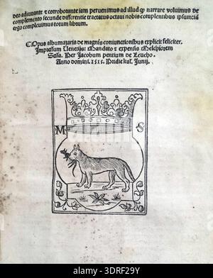 De magnis coniunctionibus et annorum revolutionibus ist eine astronomische Abhandlung von Albumasar aus dem Jahr 1515, die von Joannes Hispalensis aus dem Arabischen übersetzt und in Venedig von Melchior Sessa veröffentlicht wurde. Enthält Holzschnitt-Illustrationen und Buchdruck-Text, der planetare Konjunktionen, jährliche Umdrehungen und Himmelsbewegungen beschreibt. Stellt mittelalterliches astronomisches Wissen, Beobachtungstechniken, astrologische Interpretationen und wissenschaftliche Printpraxen im Europa des frühen 16. Jahrhunderts dar. Stockfoto