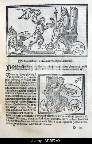 De magnis coniunctionibus et annorum revolutionibus ist ein astronomisches Werk von Albumasar aus dem Jahr 1515, das von Joannes Hispalensis aus dem Arabischen übersetzt und von Melchior Sessa in Venedig veröffentlicht wurde. Die Abhandlung umfasst planetare Konjunktionen, jährliche Umdrehungen, Himmelsbewegungen und astronomische Vorhersagen. Es enthält Holzschnitt-Illustrationen und Buchdrucktexte, die mittelalterliche islamische Astronomie, die europäische Gelehrsamkeit der Renaissance und die wissenschaftliche Verbreitung des 16. Jahrhunderts reflektieren. Stockfoto