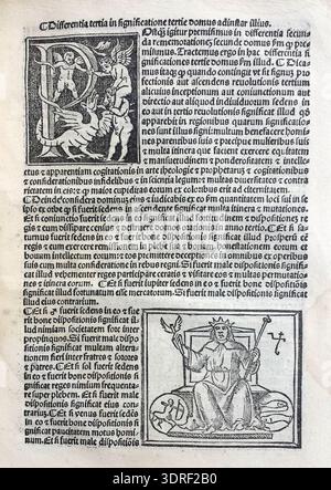 De magnis coniunctionibus et annorum revolutionibus ist eine Abhandlung über Astronomie aus dem Jahr 1515 von Albumasar. Er wurde von Joannes Hispalensis aus dem Arabischen übersetzt und von Melchior Sessa in Venedig veröffentlicht und umfasst acht Abschnitte, in denen planetare Konjunktionen, Zodiakalpositionen und jährliche Himmelszyklen diskutiert werden. Holzschnitt-Illustrationen zeigen Planeten, Sterne und astrologische Diagramme, gedruckt mit Buchdruck, die den europäischen wissenschaftlichen Druck des frühen 16. Jahrhunderts, astronomische Beobachtungsmethoden und Wissensverbreitung widerspiegeln. Stockfoto