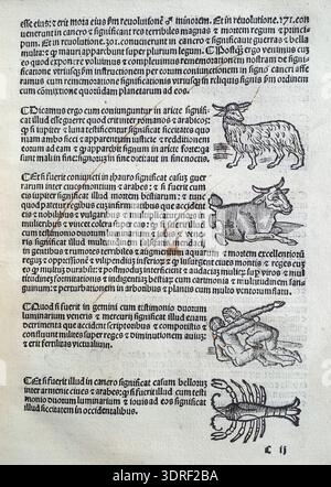 De magnis coniunctionibus et annorum revolutionibus ist eine astronomische Abhandlung von Albumasar aus dem Jahr 1515, die von Joannes Hispalensis aus dem Arabischen übersetzt und von Melchior Sessa in Venedig veröffentlicht wurde. Umfasst acht Abschnitte zur Analyse planetarer Konjunktionen, Jahresumdrehungen, Himmelsbewegungen und prädiktiver Astronomie. Enthält Holzschnitt-Illustrationen und Buchdruck, die mittelalterliche islamische astronomische Methoden, die europäische Gelehrsamkeit der Renaissance und die wissenschaftliche Verbreitung des 16. Jahrhunderts widerspiegeln. Stockfoto
