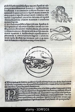 De magnis coniunctionibus et annorum revolutionibus ist eine astronomische Abhandlung von Albumasar aus dem Jahr 1515, die von Joannes Hispalensis aus dem Arabischen übersetzt und in Venedig von Melchior Sessa veröffentlicht wurde. Es umfasst planetare Konjunktionen, die Revolution der Jahre und himmlische Phänomene mit Holzschnitten und Buchdrucktexten. Die Abhandlung veranschaulicht die europäische Integration arabischer wissenschaftlicher Erkenntnisse in die Astronomie in der Frührenaissance, indem sie Texterklärungen mit der visuellen Darstellung himmlischer Bewegungen kombiniert. Stockfoto
